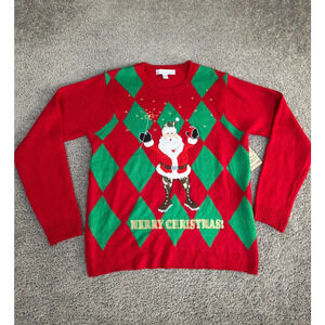 Jolly Sweaters Sweater Mens L Red Santa Merry Christmas Argyle Knit Pullover